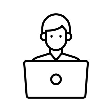 Laptop, öğrenci, çalışma, masa ikonu vektör resmi. Online eğitim için de kullanılabilir. Web uygulamalarında, mobil uygulamalarda ve yazdırma ortamlarında kullanılabilir.