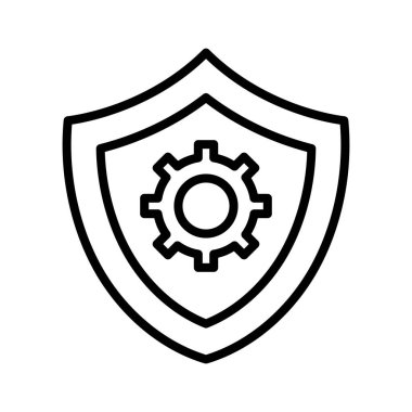 Güvenlik, ayarlar, kalkan ikon vektör görüntüsü. Siber güvenlik için de kullanılabilir. Web uygulamalarında, mobil uygulamalarda ve yazdırma ortamlarında kullanılabilir.