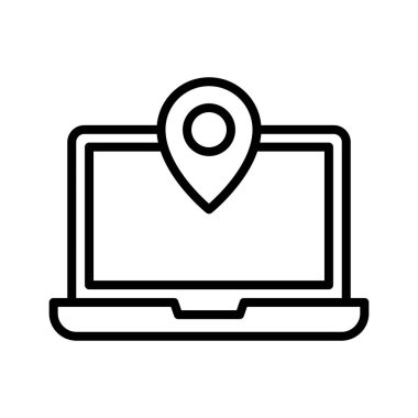 Laptop, konum, pin ikonu vektör görüntüsü. Navigasyon için de kullanılabilir. Web uygulamalarında, mobil uygulamalarda ve yazdırma ortamlarında kullanılabilir.