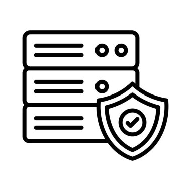 Sunucu, veritabanı, güvenli, kalkan simgesi vektör görüntüsü. Ağ ve veri paylaşımı için de kullanılabilir. Web uygulamalarında, mobil uygulamalarda ve yazdırma ortamlarında kullanılabilir.