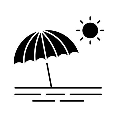 Kumsal, günbatımı, şemsiye simgesi vektör görüntüsü. Yaz & Tatilleri için kullanılabilir. Mobil uygulamalar, web uygulamaları ve yazdırma ortamları için elverişli.