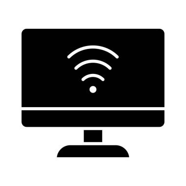 İnternet, bağlantı, bilgisayar, Wi-Fi ikon vektör görüntüsü. Ağ ve veri paylaşımı için de kullanılabilir. Web uygulamalarında, mobil uygulamalarda ve yazdırma ortamlarında kullanılabilir.