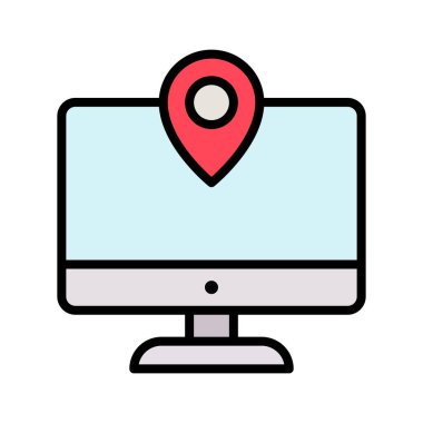 Adres, bilgisayar, pin ikonu vektör resmi. Navigasyon için de kullanılabilir. Web uygulamalarında, mobil uygulamalarda ve yazdırma ortamlarında kullanılabilir.