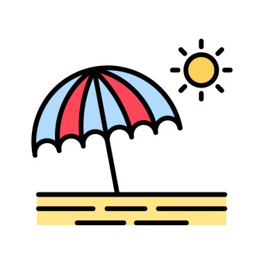 Kumsal, günbatımı, şemsiye simgesi vektör görüntüsü. Yaz & Tatilleri için kullanılabilir. Mobil uygulamalar, web uygulamaları ve yazdırma ortamları için elverişli.
