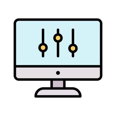 Bilgisayar, monitör, ayarlar, ekran simgesi vektör görüntüsü. Bankacılık ve finans için de kullanılabilir. Web uygulamalarında, mobil uygulamalarda ve yazdırma ortamlarında kullanılabilir.