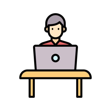 Laptop, öğrenci, çalışma, masa ikonu vektör resmi. Online eğitim için de kullanılabilir. Web uygulamalarında, mobil uygulamalarda ve yazdırma ortamlarında kullanılabilir.