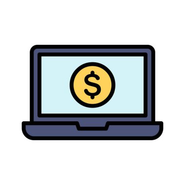 Çevrimiçi bankacılık, dizüstü bilgisayar, para, dizüstü bilgisayar ikonu vektör görüntüsü. Finans ve Para için de kullanılabilir. Web uygulamalarında, mobil uygulamalarda ve yazdırma ortamlarında kullanılabilir.
