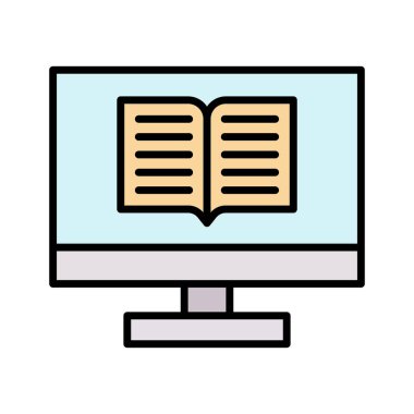 Çevrimiçi, kitap, ekran simgesi vektör görüntüsü. Online eğitim için de kullanılabilir. Web uygulamalarında, mobil uygulamalarda ve yazdırma ortamlarında kullanılabilir.