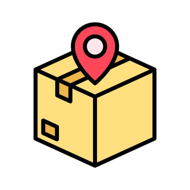 Paket, konum, teslimat ikonu vektör görüntüsü. Teslimat ve lojistik için de kullanılabilir. Web uygulamalarında, mobil uygulamalarda ve yazdırma ortamlarında kullanılabilir.