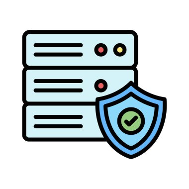 Sunucu, veritabanı, güvenli, kalkan simgesi vektör görüntüsü. Ağ ve veri paylaşımı için de kullanılabilir. Web uygulamalarında, mobil uygulamalarda ve yazdırma ortamlarında kullanılabilir.