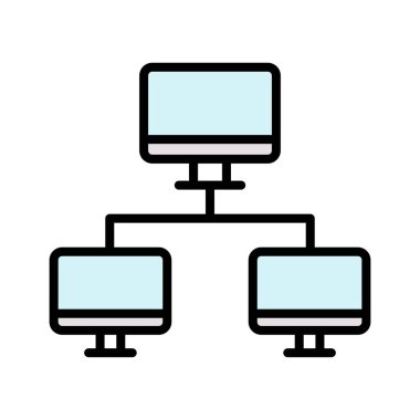 Sistemler, ağ, paylaşım, bilgisayar simgesi vektör görüntüsü. Ağ ve veri paylaşımı için de kullanılabilir. Web uygulamalarında, mobil uygulamalarda ve yazdırma ortamlarında kullanılabilir.