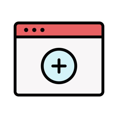 Web sayfası, tarayıcı, ekle, artı simge vektör resmi. Web sayfaları için de kullanılabilir. Web uygulamalarında, mobil uygulamalarda ve yazdırma ortamlarında kullanılabilir.
