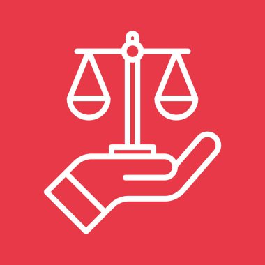 Adalet, hukuk, el, ölçü, denge, açık artırma ikonu vektör görüntüsü. Bankacılık ve finans için de kullanılabilir. Web uygulamalarında, mobil uygulamalarda ve yazdırma ortamlarında kullanılabilir.