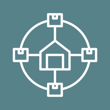 Depo, ağ, nakliye, şubeler, paket ikonu vektör görüntüsü. Teslimat ve lojistik için de kullanılabilir. Web uygulamalarında, mobil uygulamalarda ve yazdırma ortamlarında kullanılabilir.