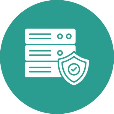 Sunucu, veritabanı, güvenli, kalkan simgesi vektör görüntüsü. Ağ ve veri paylaşımı için de kullanılabilir. Web uygulamalarında, mobil uygulamalarda ve yazdırma ortamlarında kullanılabilir.