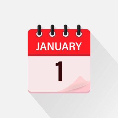 1 Ocak. Gölgeli takvim simgesi. Gün, ay. Düz vektör illüstrasyonu.