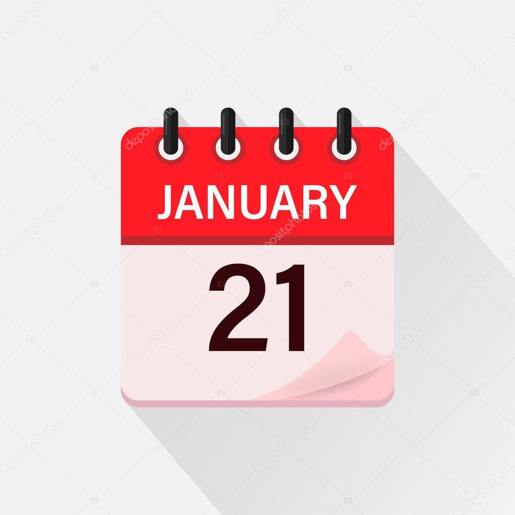 January 21, Calendar icon with shadow. Day, month. Flat vector illustration.