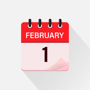 1 Şubat, gölgeli takvim simgesi. Gün, ay. Düz vektör illüstrasyonu.