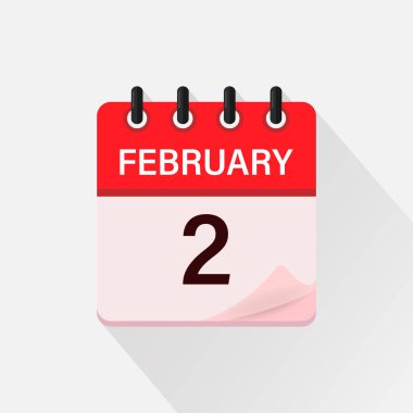 2 Şubat, gölgeli takvim simgesi. Gün, ay. Düz vektör illüstrasyonu.