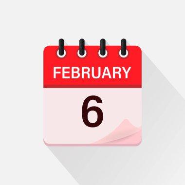 6 Şubat, gölgeli takvim simgesi. Gün, ay. Düz vektör illüstrasyonu.