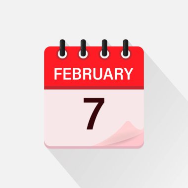 7 Şubat, gölgeli takvim simgesi. Gün, ay. Düz vektör illüstrasyonu.