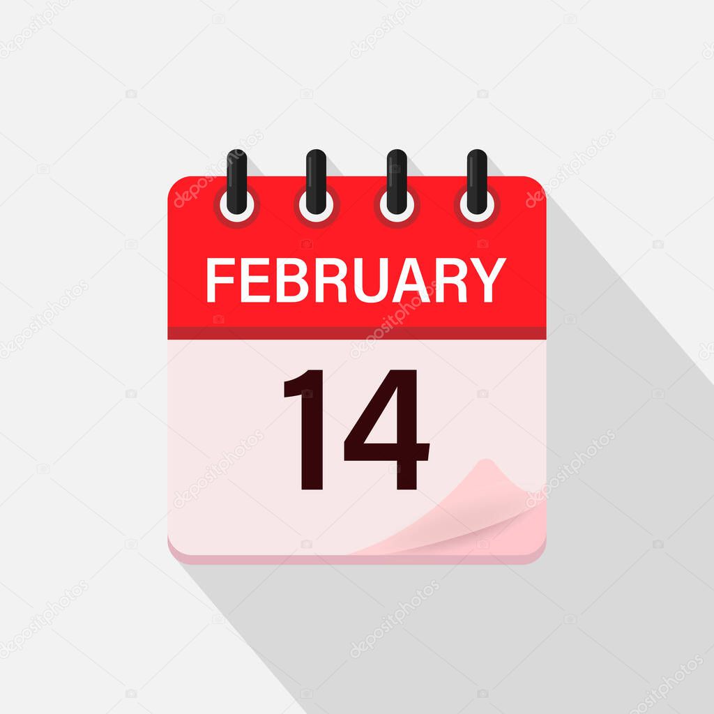 February 14, Calendar icon with shadow. Day, month. Flat vector illustration.