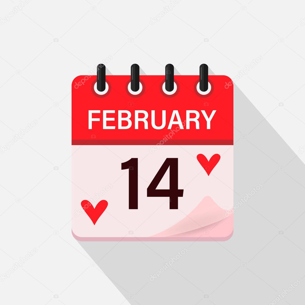 February 14, Calendar icon with shadow. Day, month. Flat vector illustration. Valentine's Day.