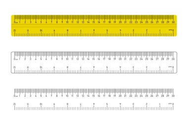 Gerçekçi cetvel simgesi, ölçüm aleti. 30 cm 12 inç cetvel seti. İzole vektör illüstrasyonu.