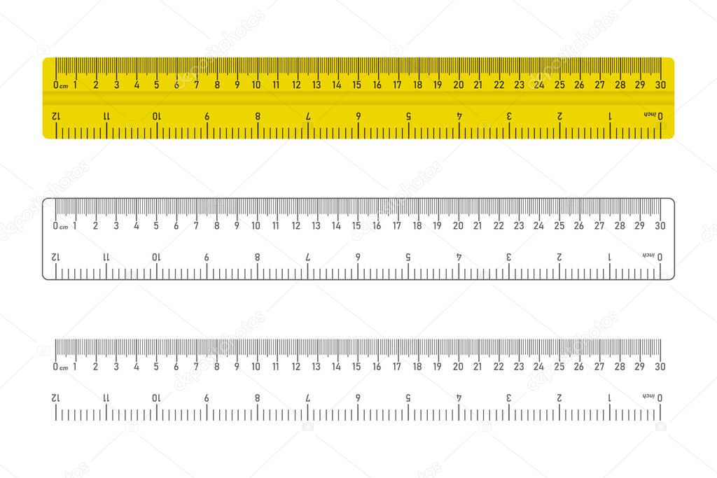 Realistic ruler icon, measuring instrument. 30 cm 12 inch ruler set. Isolated vector illustration.