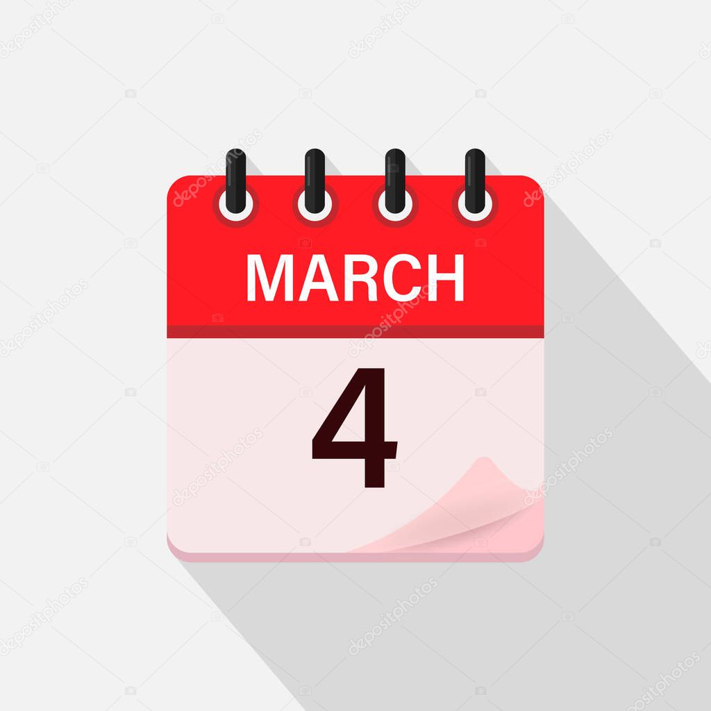 March 4, Calendar icon with shadow. Day, month. Flat vector illustration.