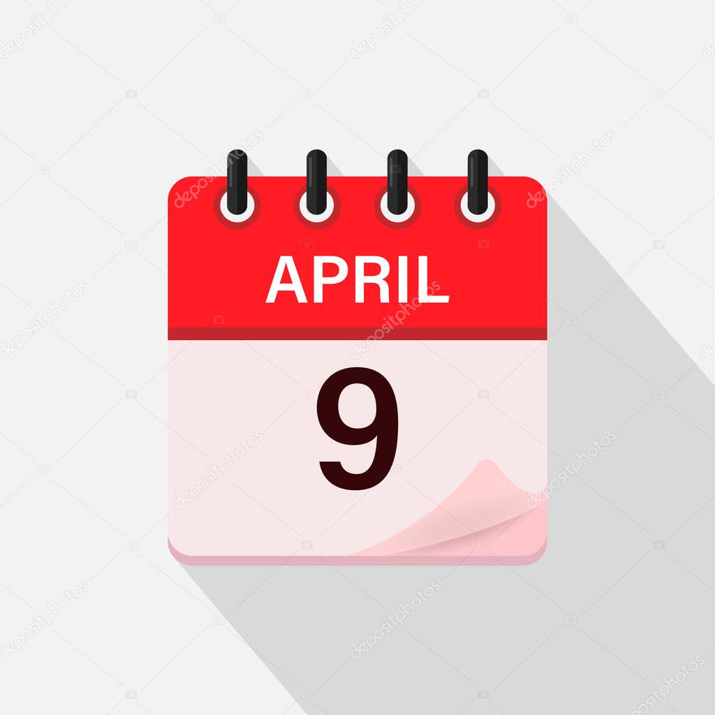 April 9, Calendar icon with shadow. Day, month. Flat vector illustration.