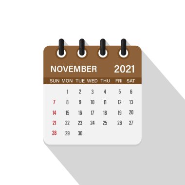 Kasım 2021, gölgeli takvim simgesi. Gün, ay ve yıl. Düz vektör illüstrasyonu