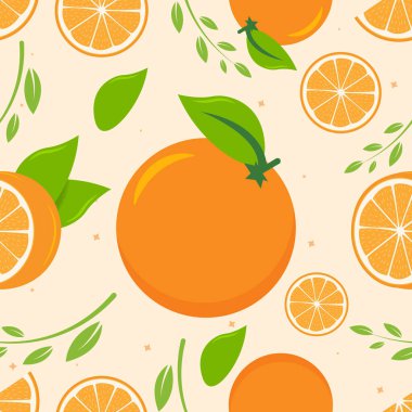 Seamless pattern of oranges and leaves. Fruit pattern. Orange background vector design.