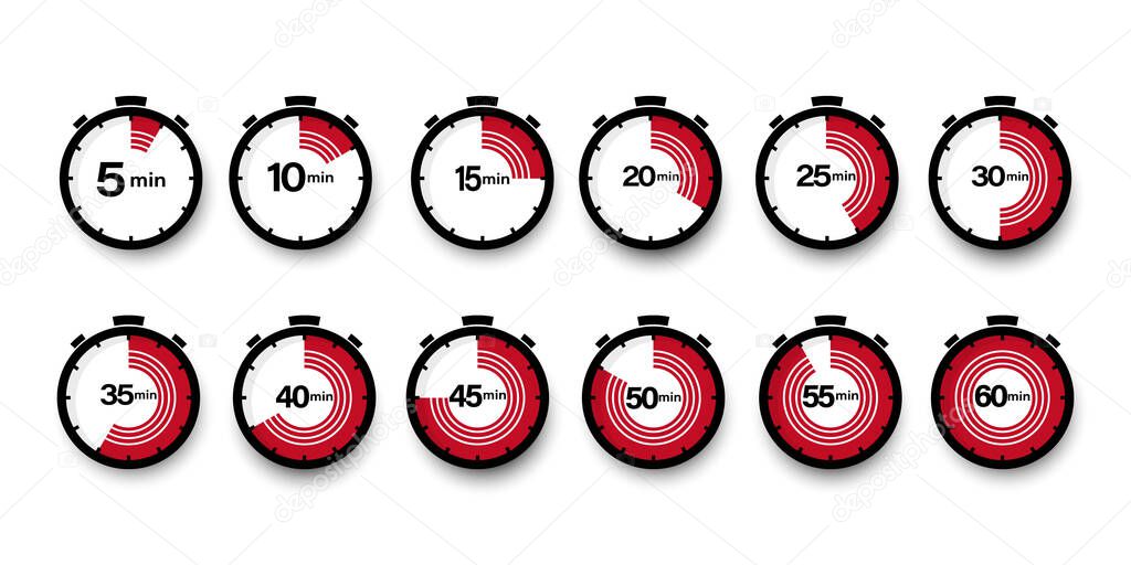 Set of timers. 5, 10, 15, 20, 25, 30, 35, 40, 45, 50, 55, and 60 minutes. Countdown timer icons set. Isolated vector illustration.