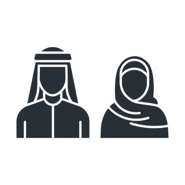 Arap çiftler için düz bir ikon. Suudi Halkı. Geleneksel giyinmiş Müslüman erkek ve kadın. İzole vektör illüstrasyonu