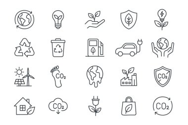 Eko ya da Ekoloji Simgesi Ayarlandı. Çevre dostu, doğrusal ekoloji sembolü. Alternatif Yeşil Enerji Kaynağı kavramı. Vektör illüstrasyonu.