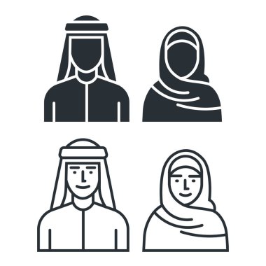 Arap çift düz ve çizgi ikonu avatar. Suudi Halkı. Geleneksel giyinmiş Müslüman erkek ve kadın.