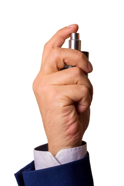 Mão Homem Segura Uma Garrafa Perfume Isolar — Fotografia de Stock
