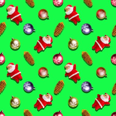 Noel deseni. Noel ağacı süslemeleri, kozalaklar ve Noel Baba 'nın kusursuz deseni..