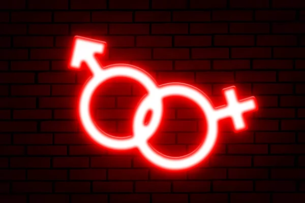 Gender symbols. Man and woman sign. Red neon sign with mars and venus signs