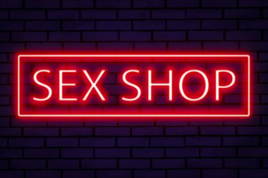 Mavi tuğla duvarda kırmızı neon levha SEX Shop.