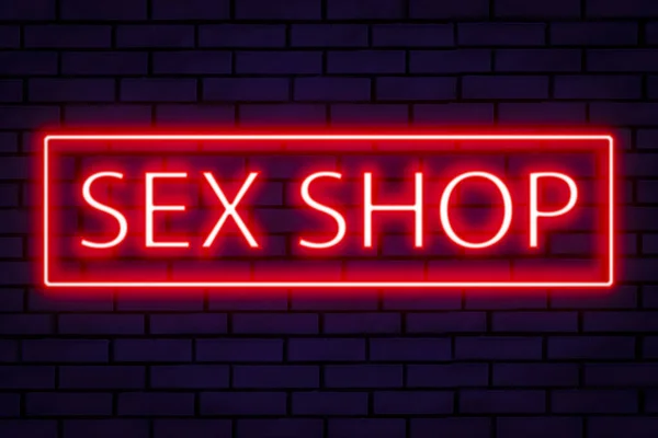 Красный Неоновый Знак Секс Шоп Синей Кирпичной Стене — стоковое фото
