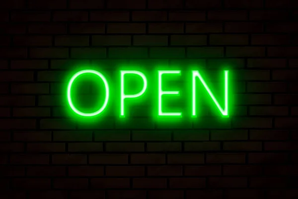 Zielony Neon Znak Open Ścianie Cegły — Zdjęcie stockowe