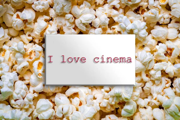 Inscription Love Cinema Ticket Background Texture Popcorn — Stock Photo, Image