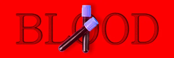 Tubos Ensayo Con Sangre Sobre Fondo Rojo Con Inscripción Sangre — Foto de Stock
