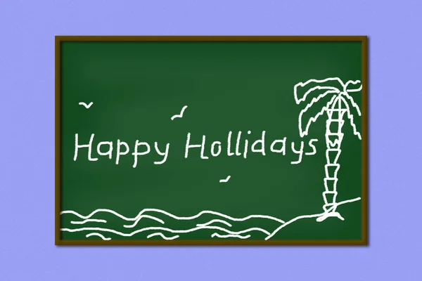 Chalk Inscription Happy Holidays Chalkboard Depicts Sea Palms Seagulls Children — Foto de Stock