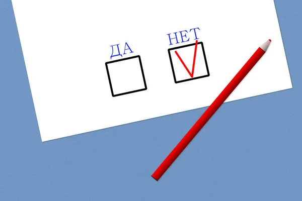 Rusça 'da' EVET 've' HAYIR 'yazılı oylama formu. Beyaz kağıtta kırmızı kalem ve mavi arka planda sorular. İşaretli öge HAYIR, biçimdeki hata.