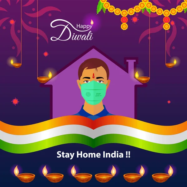 Festeggia Diwali Con Distanza Sociale Protocollo Covid Stay Home India Illustrazione Stock