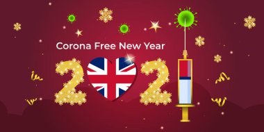 Corona Özgür Yeni Yıl 2021. Yeni yılda Covid-19 aşısı kavramı. Salgından sonra Britanya 'da mutlu yıllar. Vektör illüstrasyonu.