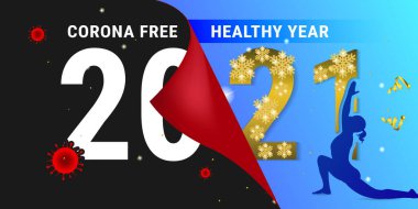 Corona Bedava Sağlıklı Yeni Yıl 2021. Covid-19 'u önlemek için yoga ve fitness egzersizleri kavramı. Salgından sonra yeni bir umut ve olumlu yıl.